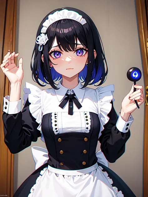  maid, （Evil Eye, A bad looking person with white eyes, It&#39;s a red eyeliner）,whole body絵, She is wearing a maid uniform and the background is a dark and desolate landscape., Horror movie atmosphere. Her figure is extremely beautiful, Emphasizing the da...