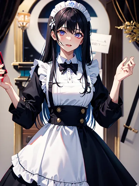 maid, （evil eye, a bad looking person with white eyes, it&#39;s a red eyeliner）,whole body絵, she is wearing a maid uniform and t...