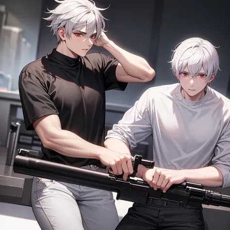 20 year old man with white hair red eyes wearing a black t-shirt and white pants with a gun in his hand