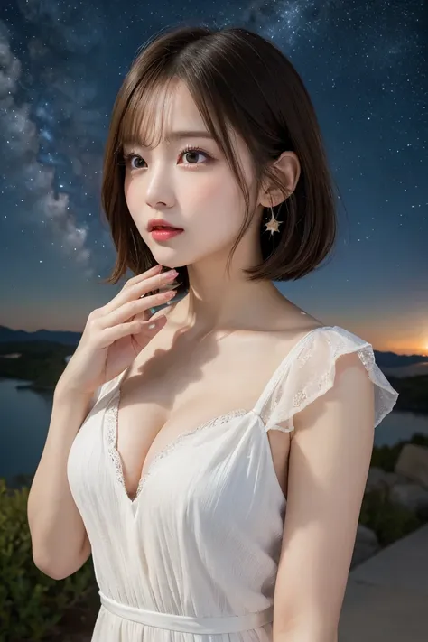 Starry sky, Milky Way, Highest quality, shape, Very detailed, In detail, High resolution, 8k wallpaper, Perfect dynamic composition, Beautiful details,  Natural Lip, Cute one piece dress, Big Breasts, Cleavage, she、Making a wish upon a star Praying with ra...