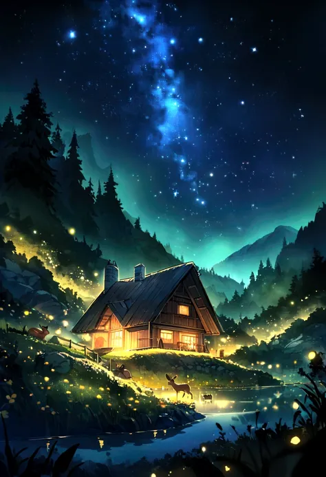 In the infinite universe, Starry sky shrouded in pitch black darkness, A special story spun by a sparkling meteor. There is a mountain hut、There is a small river valley around，There is a fawn、Fireflies appear，Hyper HD