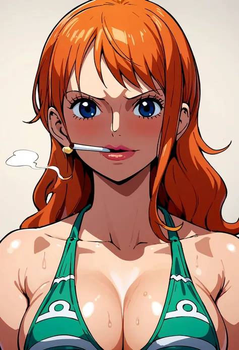 a cartoon picture of a woman in a bikini top and jeans, nami one piece, nami from one piece, nami, beautiful portrait of nami, from one piece, oppai, blue eyes, smoking, ponytail, nsfw