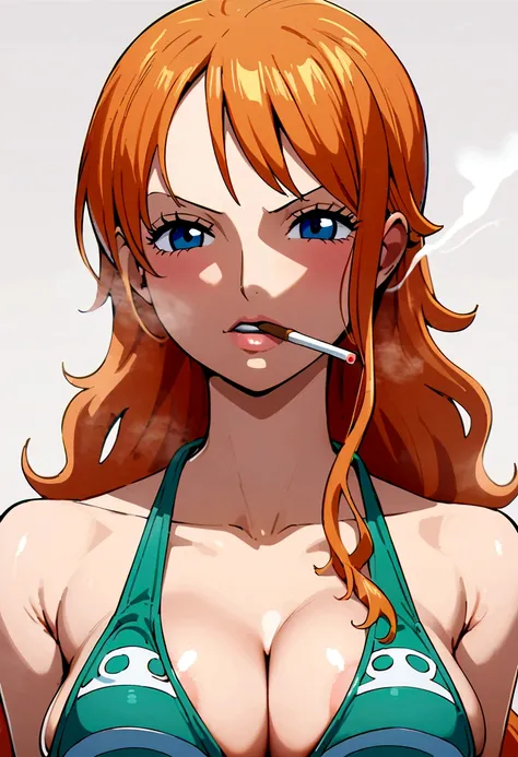 a cartoon picture of a woman in a bikini top and jeans, nami one piece, nami from one piece, nami, beautiful portrait of nami, from one piece, oppai, blue eyes, smoking, ponytail, nsfw