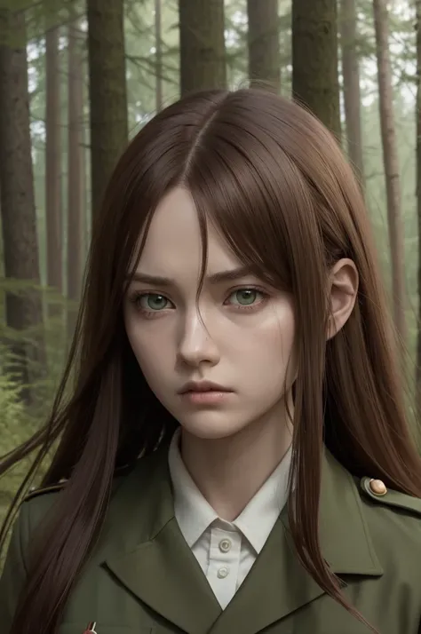 attack on titan screencap of a female with red long straight hair, dark green eyes. she wears a brown scout uniform, with a determined expression, green forest background with a bit of smoke, daytime scenery. WITT studios season 1