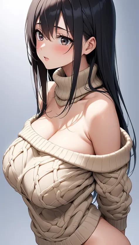 (Highest quality、Masterpiece、Very detailed、8K)、One Woman、18-year-old、Big Breasts、(Virgin-killing sweater)、stand、back