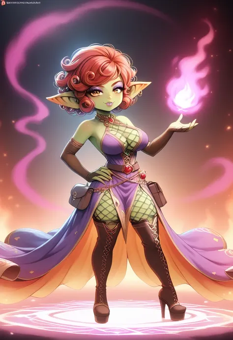 girl, goblin girl, goblin, green skin, short, short stature, short hair, red hair, curly hair, large breasts, long gloves, thigh...