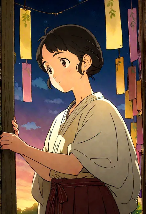 Tanabata、Studio Ghibli-style anime movies, Movie stills, Highest quality, masterpiece, Representative works, Official Art, Professional, Extremely elaborate details, 8K, Night Sky,Night Skyを眺める後ろ姿の女の子が遠くに見える