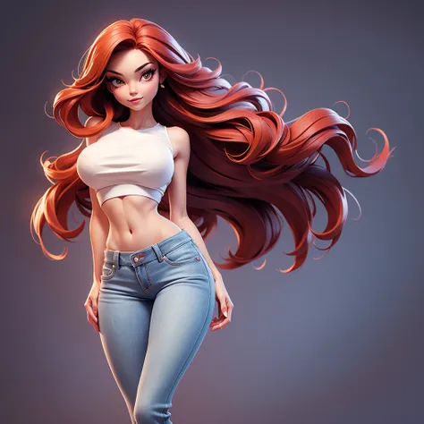  A sexy cartonn woman in jeans and white crop top posing gracefully for a photo, beauty in jeans, long straight red hair, Waist slender, sexy girl, mulher de corpo inteiro, wearing jeans, beautiful seductive woman, slender figure, cartoon vector style, cor...