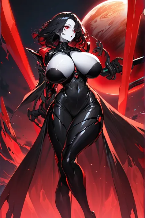 Android woman, short black hair, red eyes dripping with blood,Pale skin, huge breasts, defined, dressed in black symbiotic attire with red details, holding a baby in one hand and the other holding a scythe, base background on an oceanic planet,Red light