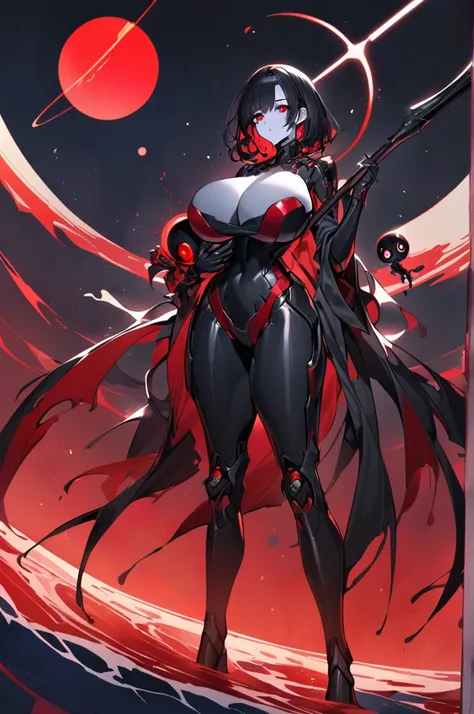 Android woman, short black hair, red eyes dripping with blood,Pale skin, huge breasts, defined, dressed in black symbiotic attire with red details, holding a baby in one hand and the other holding a scythe, base background on an oceanic planet,Red light