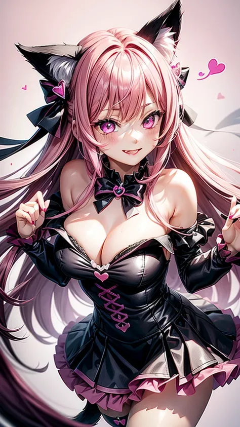 Black and pink hair color, pink eyes,sexy woman, cat ears, hearts, floating hearts, face only,  long hair, smiling, hair ornament, up close face, closed mouth smile, up closeface, hair bows, sexy body, pink outfits 