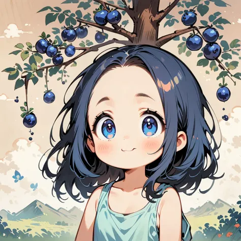 Blueberry field、There are lots of blueberries on the trees、Pick and eat blueberries、Cartoon style character design，1 Girl, alone，Big eyes，Cute expression，Tank top、interesting，interesting，Clean Lines