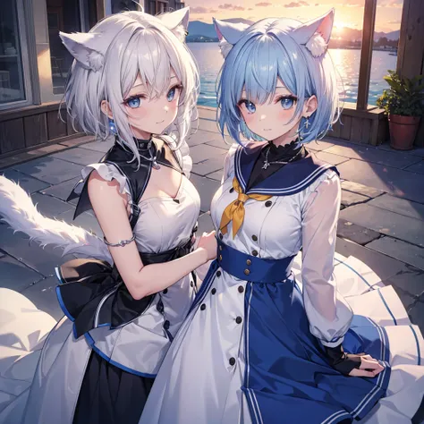 Gray Hair　blue eyes　short hair　have　student　Cat ear　Nice　Blue Earrings　necklace　gloves　beauty　thin　Sailor suit　Fantasy　smile　sunset　Fluffy hair