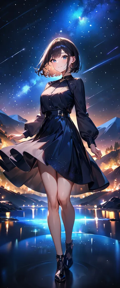 (((A meteor shower dancing in the night sky, countless stars twinkling in the clear air, a beautiful starry sky, the Milky Way shining beautifully in the night))), mountain, a girl, bobcut, bare legs, (best quality, 4K, 8K, highres, masterpiece:1.2, ultra-...