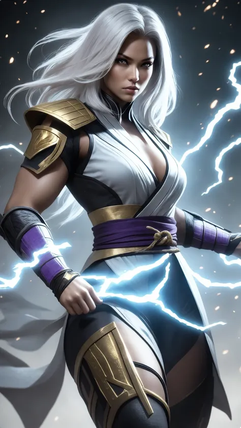 A beautiful and sexy warrior with long white hair and bright purple eyes wearing a white kimono with gold details in the Mortal Kombat 11 style 