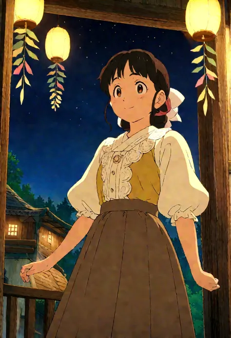 Tanabata、Studio Ghibli-style anime movies, Movie stills, Highest quality, masterpiece, Representative works, Official Art, Professional, Extremely elaborate details, 8K, Night Sky,部屋の中からNight Skyを眺める少女