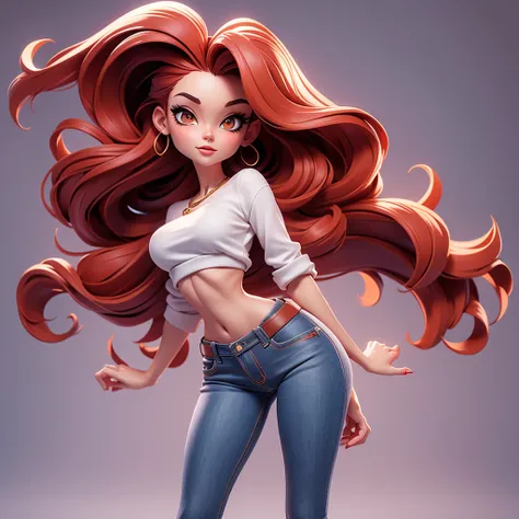  A sexy cartonn woman in jeans and white crop top posing gracefully for a photo, beauty in jeans, long straight red hair, Waist slender, sexy girl, mulher de corpo inteiro, wearing jeans, beautiful seductive woman, slender figure, cartoon vector style, cor...