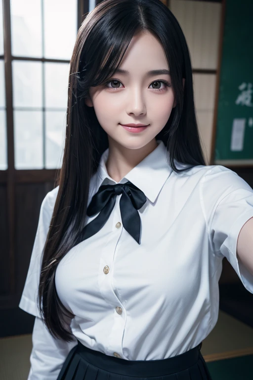 Beautiful girl with realistic black eyes, pale skin, Long black hair, perfect face, perfect eyes, ((Wearing a Japanese school uniform)),very detailed, comprehensive movie, digital painting, 8K, cinematic lighting, highest quality, High resolution, Great jo...