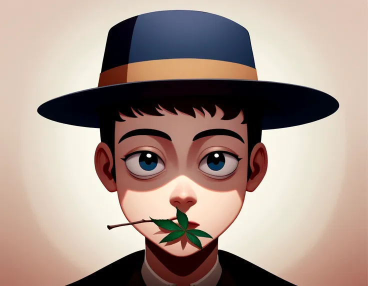 (work of art, best qualityer, very aesthetic, ultra detaild),cartoon boy with a hat and a branch of marijuana leaf in his mouth,...