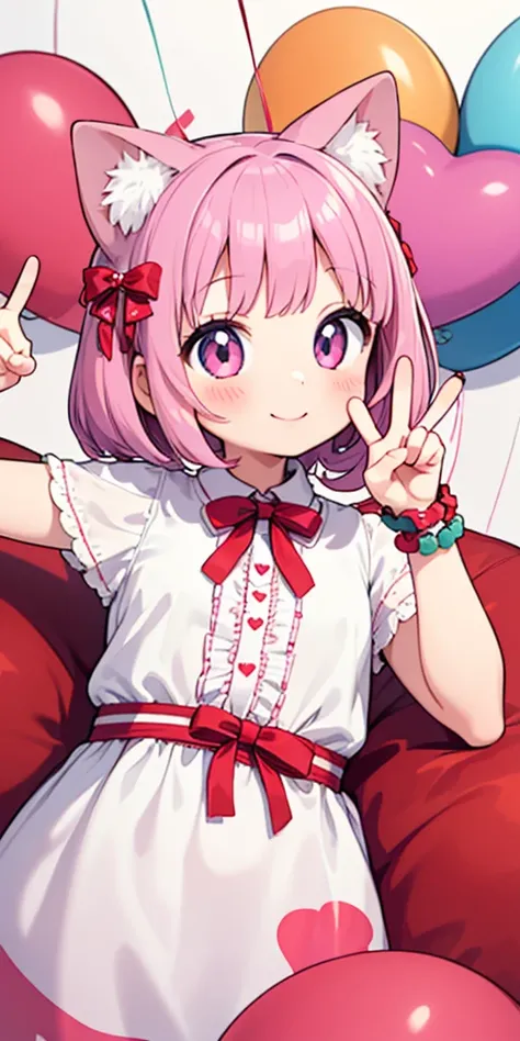 Character:
Girl (human)
Cat ears (animal feature)
Tail (animal feature)
Smiling expression
Making a peace sign with fingers
Ribbon (accessory)
Environment:
Pink kawaii room
Details:
Upper body only (no legs shown)
Holding a heart-shaped item (optional: spe...