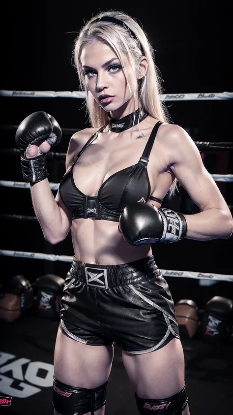 Slim athletic blonde bimbo, 18 years old, ((black boxing shorts:1.5)), ((sexy black boxing shorts:1.3)), ((tiny bra:1.3)), ((black boxing boots:1.3)), blue eyes, straight blonde hair, muscular arms, toned body, boxing gloves, (lipstick, heavy makeup:1.3), ...