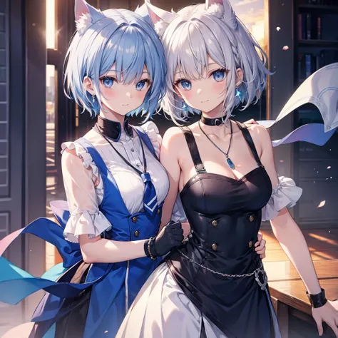 Gray Hair　blue eyes　short hair　have　student　Cat ear　Nice　Blue Earrings　necklace　gloves　beauty　thin　Sailor suit　Fantasy　smile　sunset　Fluffy hair