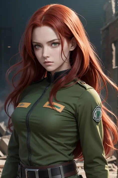 a female attack on titan character in smart studio art style. she has long red hair and dark green eyes. She is wearing her season one uniform with a black long-sleeved top. shes, and your hair is loose. the background is dark and full of fire and rubble –...