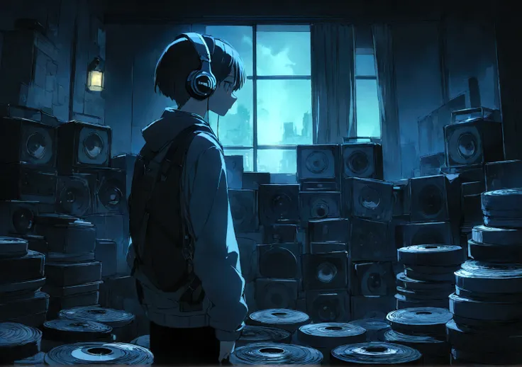 Boy wearing headphones and listening to music, Very detailedな, sad mood, Bright light coming from the wide windows, Night view, , 2D, (Shot from a distance), Wide Shot, (Noise from the film), Old cartoons, (Many records: 1.3), Record store, (masterpiece, V...