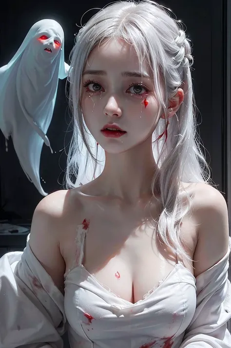 Highest quality, masterpiece, look up, Upper Body, cute,(Horror),(((Female ghost,Dead,Bleeding,Shedding tears of blood))),(Sexy),(sexy),(Completely naked),(White robes),Baby Face,Black Hair,(((Large breasts))),(Masturbation),Beautiful Style,Pale skin,Sensu...