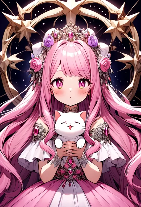 Pink long-haired girl holding a white cat，Cure，Sleepy beautiful girl