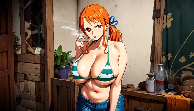 a cartoon picture of a woman in a bikini top and jeans, nami one piece, nami from one piece, nami, beautiful portrait of nami, from one piece, oppai, blue eyes, smoking, ponytail, nsfw