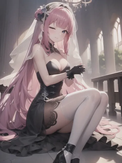 A girl，Long hair, Bangs, Pink hair, Hair between the eyes, s eyes:（1.5),  (Medium breasts:1.2), 
rest  锁骨, Wedding dress，veil，wedding，Black dress，Flowers，The skirt is broken，Black socks，Black knee socks，Black gloves，boots，Cleavage，
Looking at the audience,...