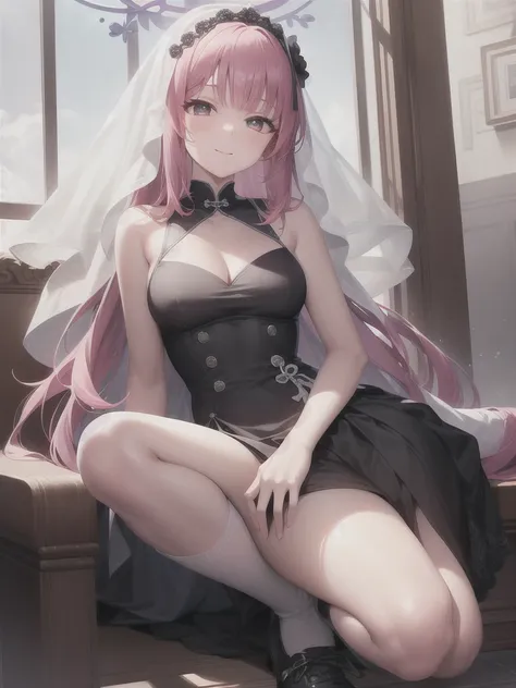 A girl，Long hair, Bangs, Pink hair, Hair between the eyes, s eyes:（1.5),  (Medium breasts:1.2), 
rest  锁骨, Wedding dress，veil，wedding，Black dress，Flowers，The skirt is broken，Black socks，Black knee socks，Black gloves，boots，Cleavage，
Looking at the audience,...