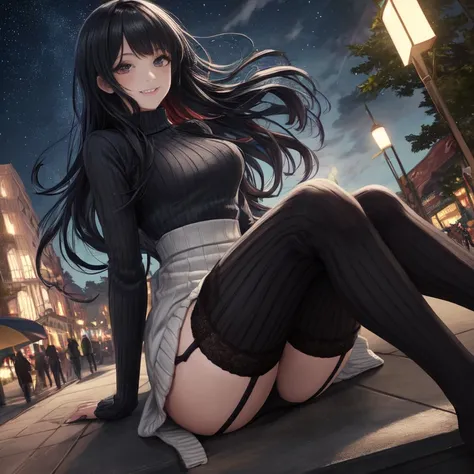 highres, ultra detailed, (1girl:1.3), (dynamic pose):1.0 BREAK, 1 extremely beautiful and glamorous anime girl sitting on the park bench at night, wearing a white collard shirt and a knee-length long pleats skirt, ((black stockings)), smile, happy, wind, 8...