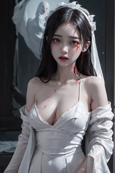 Highest quality, masterpiece, look up, Upper Body, cute,(Horror),(((Female ghost))),Dead,(((Bleeding,Injured))),(((Shedding tears of blood))),(Sexy),(sexy),(Completely naked),(White robes),Baby Face,Black Hair,(((Large breasts))),(Masturbation),Beautiful S...