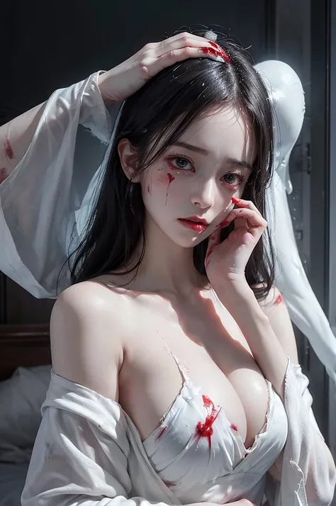 Highest quality, masterpiece, look up, Upper Body, cute,(Horror),(((Female ghost))),Dead,(((Bleeding,Injured))),(((Shedding tears of blood))),(Sexy),(sexy),(Completely naked),(White robes),Baby Face,Black Hair,(((Large breasts))),(Masturbation),Beautiful S...