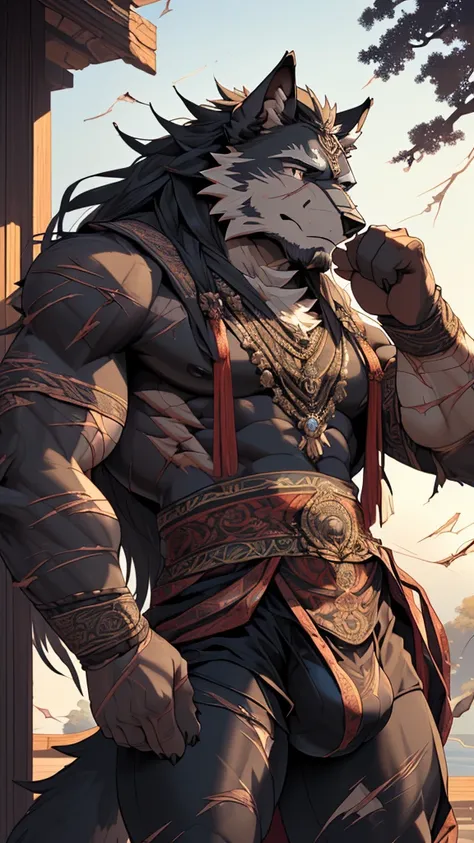 (masterpiece),(highres),(intricate details:1.4),extremely detailed,(illustration:1.2),8k,photorealistic,exquisite,,aged,elder male wolf,muscular,(general:1.7),black fur,manhood,warrior,(black fur:1.3),long hair,long beard,(numerous scars:1.2),(badly damage...