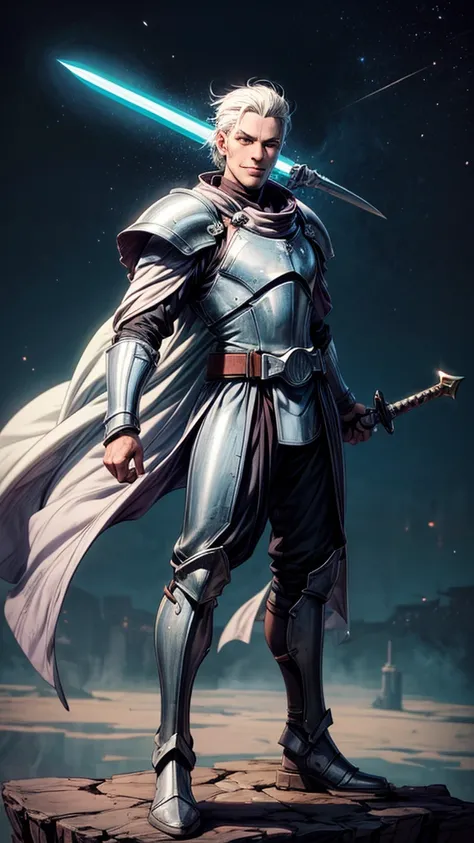 full-body shot, star wars: the clone wars, comic art style, (heroic young man, tall and brawny, irish pale white albino, subtle grin, long spiky white hair, thick white eyebrows, pink eyes), bastard greatsword, larger thicker flat green plasma blade, in a ...