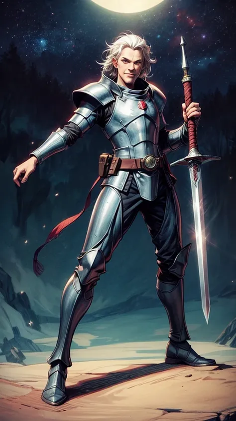 full-body shot, star wars: the clone wars, comic art style, (heroic young man, tall and brawny, irish pale white albino, subtle grin, long spiky white hair, thick white eyebrows, pink eyes), bastard greatsword, larger thicker flat green plasma blade, in a ...