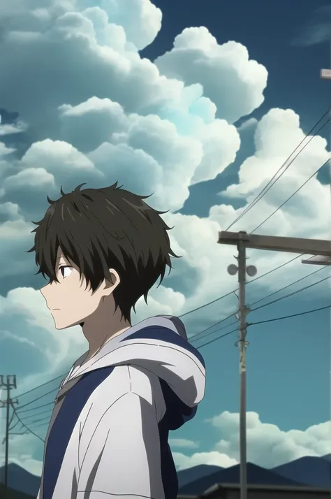 oreki houtarou, 1boy, male focus, solo, brown hair, green eyes, profile, upper body, white hoodie from side, clouds, outdoors,