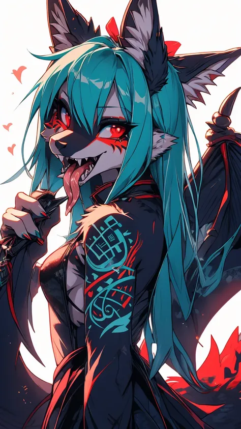 miku hatsune, add high definition_detail:1, blue fur,kitsune ears, tribal tattoo add_detail, diabolic girl, batwigns add_detail ...