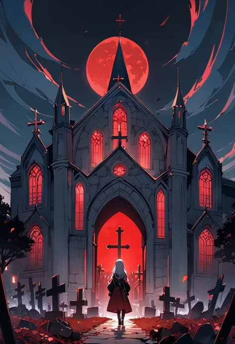 church,graveyard,red moon