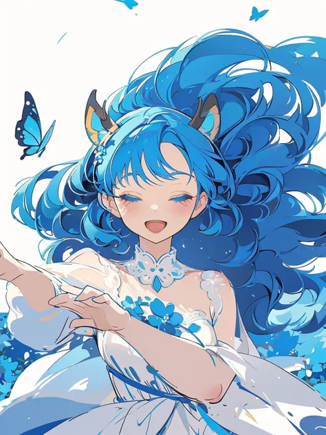 bust-up, 1girl, tosca blue hair, butterfly picking up strands of hair, blue flower, deer ears, white deer antlers, elegant white...