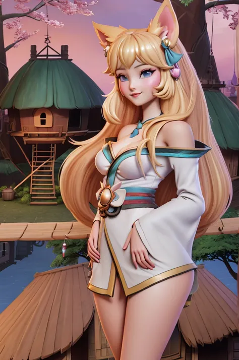 close up 1girl in, Ahri, league of legends, teenager, Solo, long hair, super long blond hair, pale skin, full medium breasts, cleavage, runners body, (thin hips, thin waist: 1.25), (arched back:1.12), detailed skin, neutral face, mischievous smile, reveali...