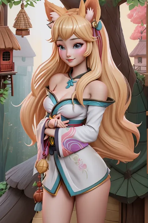 close up 1girl in, Ahri, league of legends, teenager, Solo, long hair, super long blond hair, pale skin, full medium breasts, cleavage, runners body, (thin hips, thin waist: 1.25), (arched back:1.12), detailed skin, neutral face, mischievous smile, reveali...