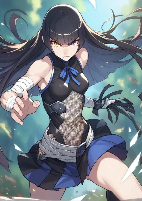 1girl, solo, really long hair, black hair, hime cut, heterochromia, purple eye, yellow eyes, slit pupils, small breasts, fishnet, black bandages, fighting stance, angry, outdoors, forest score_9, score_8_up, score_7_up, score_6_up, score_5_up, score_4_up, ...