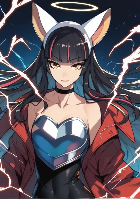 metallic rouge, rouge redstar, 1girl, armor, black choker, black hair, blunt bangs, choker, coat, electricity, halo, long hair, looking at viewer, multicolored hair, orange eyes, red coat, solo, streaked hair, wind score_9, score_8_up, score_7_up, score_6_...