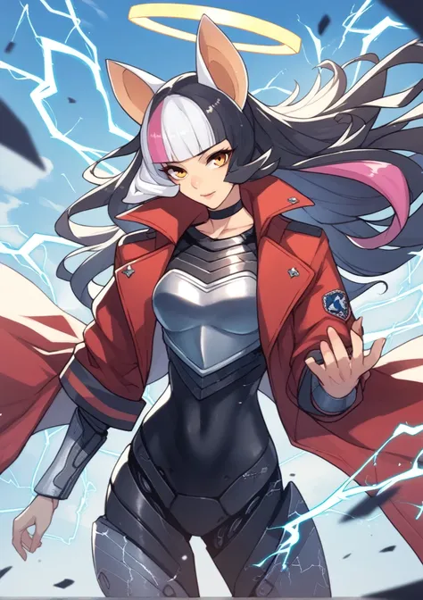 metallic rouge, rouge redstar, 1girl, armor, black choker, black hair, blunt bangs, choker, coat, electricity, halo, long hair, looking at viewer, multicolored hair, orange eyes, red coat, solo, streaked hair, wind score_9, score_8_up, score_7_up, score_6_...