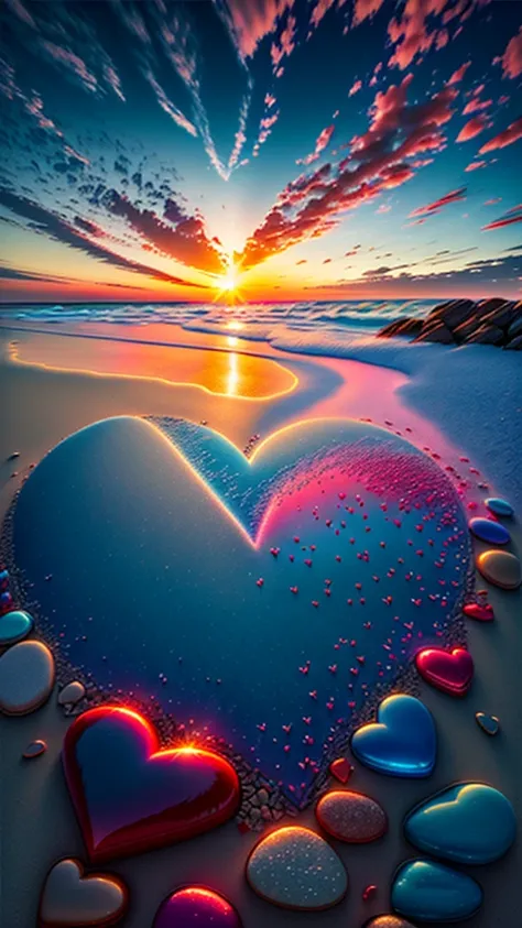 Exquisite scenes，Depth of Field，8K，Blue sky，Red Cloud，The sun shines on the beach，There are many colorful small stones on the beach，Heart of love