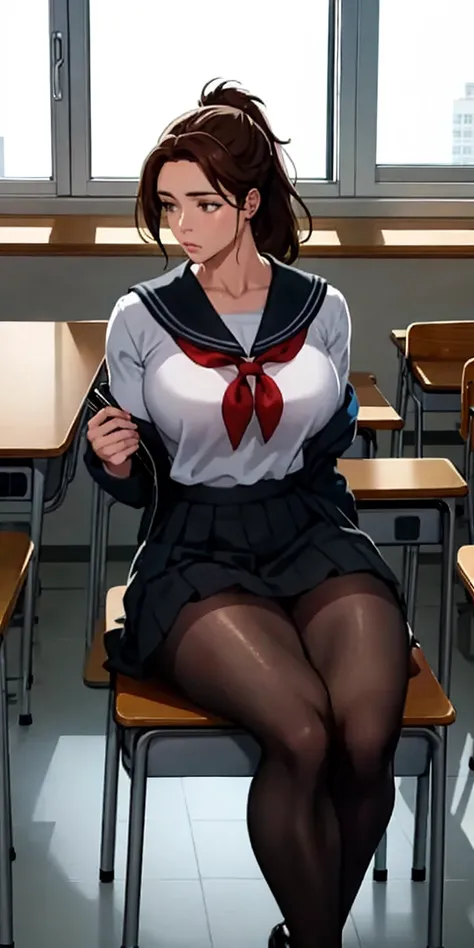 Model: AuntJune, auntjunev2

Hair: brown hair, hair bun, bangs, messy hair, ponytail, long hair

Body: mature female, large breasts, lips, looking away

Clothing: black pantyhose, black serafuku, skirt, sailor collar, jacket, school bag

Scene: classroom, ...